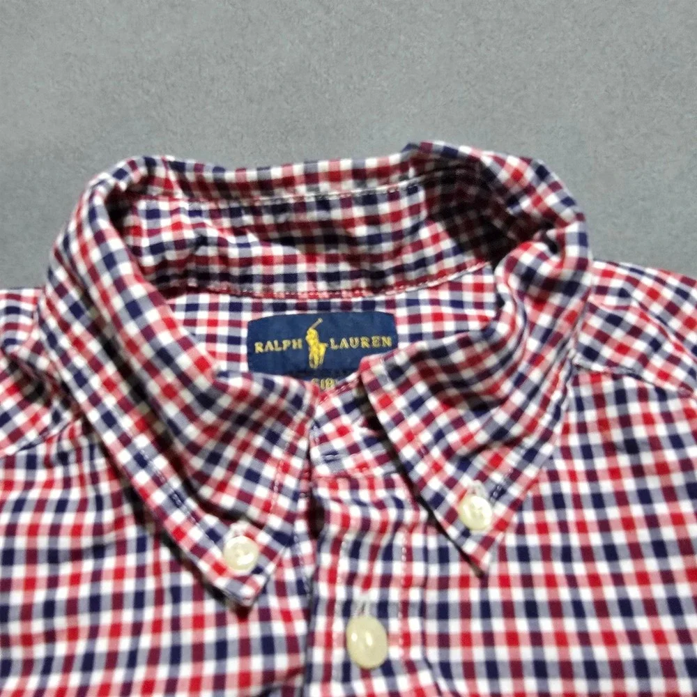 Ralph Lauren Button Down Shirt Kids small (8) Red White Blue Gingham Check Pony